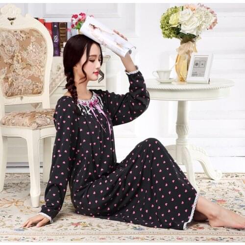 Spring Autumn Winter Ladies Long-Sleeved Sleepwear Knitted Cotton Princess Lady Extra Long Nightgown Lounge Intimate Lingerie