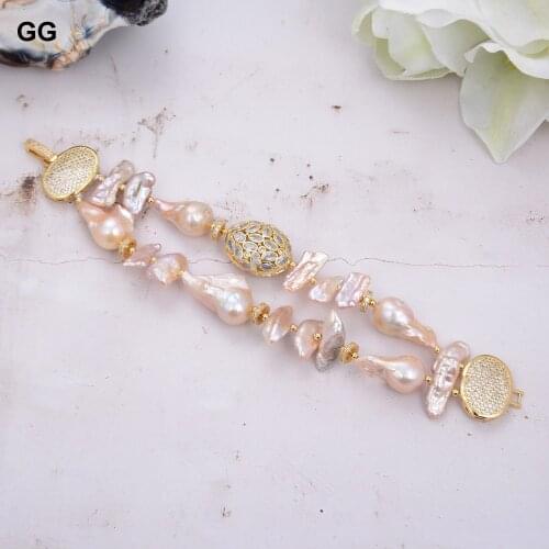 GuaiGuai Jewelry 2strands Natural Nucleated Flameball Baroque Pearl Biwa pearl Bracelet Cubic Zirconia pave gold filled clasp 8"