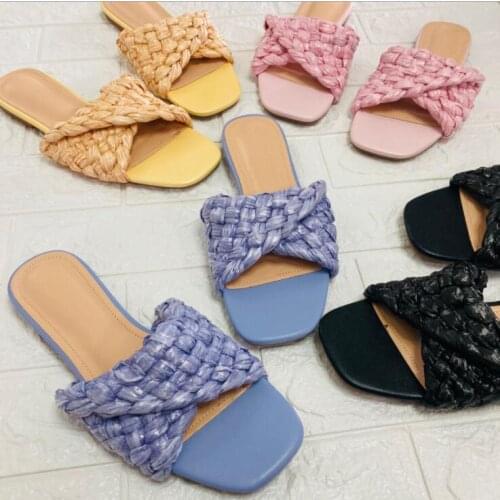 2021 summer women fashion sandals woven cross candy color female lazy drag large size beach ms slippers home slippers