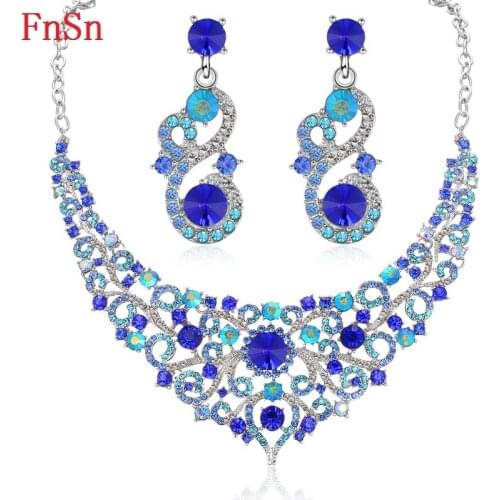 FnSn New Jewelry Sets Crystal Necklace Set Colorful Rhinestone Wedding Party Necklace Earring Fashion Jewelry Gift Women S134