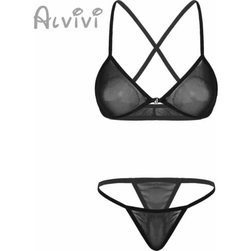Alvivi Womens Mesh Bikini Lingerie Set Erotic Breast Bra Top With Front Buckle G-String Thong Briefs Underwear Lingerie Suit Hot