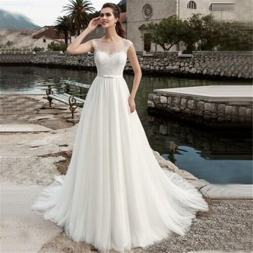 2020 Scoop Neck Sleeveless Lace Wedding Dress See Through White/Ivory Tulle A-line Bridal Gown Customized Vestidos de Novia