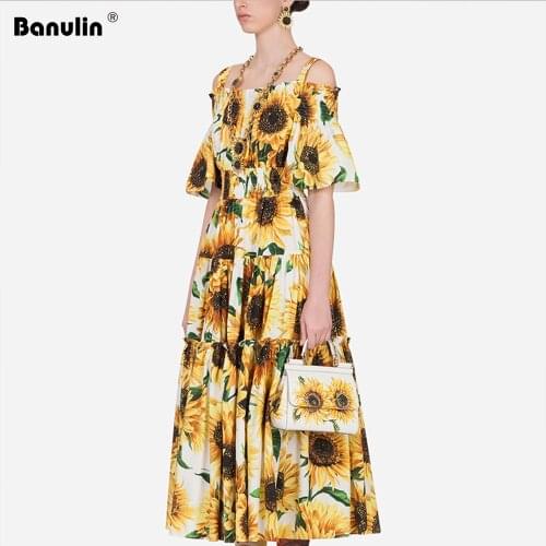 Fashion Runway Casual Summer Dress Womens Off Shoulder Elegant Yellow Sunflower Print Elastic Waist Midi A Line Holiday Dress