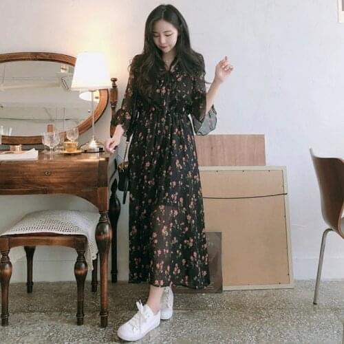 Sweet Style Womens Clothing Summer V-neck Print Flare Sleeve Chiffon Long Dress Fashion Brand Korean Clothes Chiffon Dresses