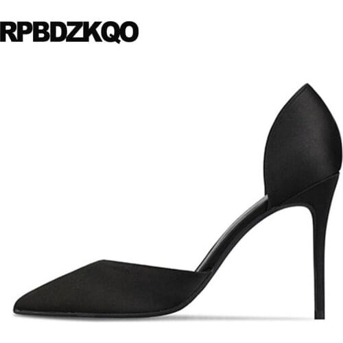 10 42 sandals evening size 33 8cm green satin heels shoes pointed toe scarpin big pumps ladies high silk 2019 thin medium black