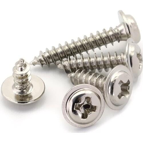 100Pcs PWA Nickel Plated Cross Round Head Self Tapping Screw With Pad M1.2-M4 Pan Head Tapping Screws With Washer