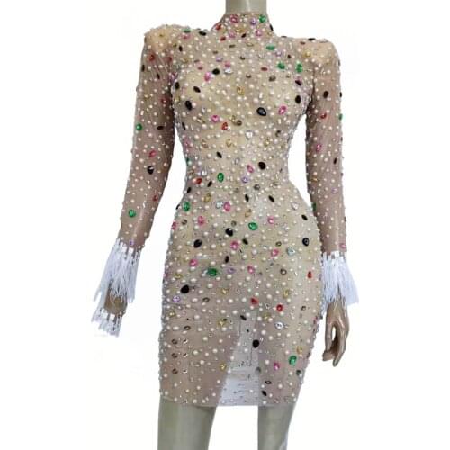 2021 New Nightclub Female Singer Feather See Through Mesh Gauze Dress Gogo Dancer DJ DS Long Sleeve Rhinestone One-Piece DWY5825