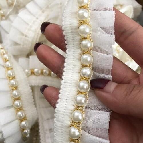 3 Yards Chiffon Beads Lace Fabric Skirt Wedding Dress DIY Beading Pearl Lace Trim Accessories 3CM Width