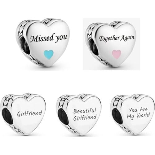 925 Sterling Silver Missed You Together Again You Are My World and A Romantic Charms Heart Beads Gift DIY jewelry Bracelets