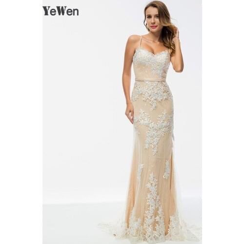 Yewen Beaded Champagne Long Evening Dresses 2020 Party Mermaid Lace Prom Formal Dress Women Elegant Gown