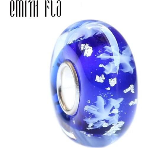 Emith Fla 925 Sterling Silver Retro Handmade Snow Murano Glass Charm Beads Fit For European Brand Bracelet DIY Jewelry Makings