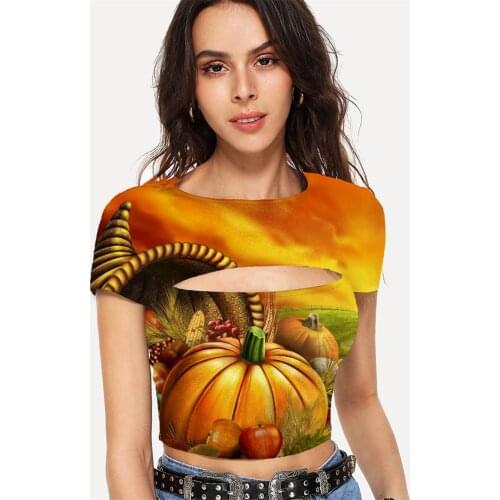 Somepet Pumpkin T-shirt Women Halloween Navel Bare Food Hollow Out T shirts Landscape Tshirt Printed Short Sleeve Summer Short
