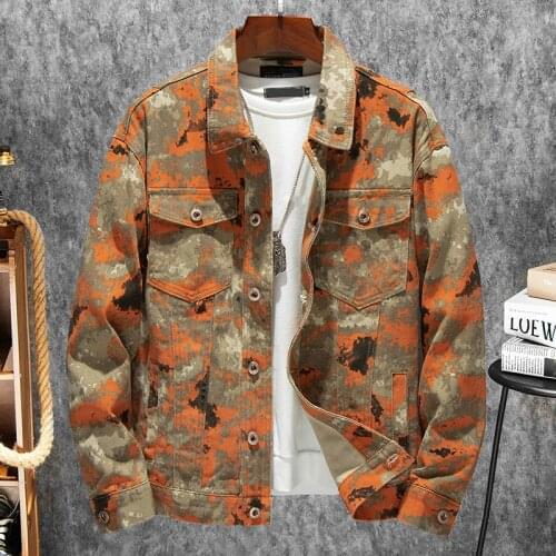 Autumn Winter Denim Camouflage Coats Men Pockets Printed Turn-Down Collar Full Sleeve Loose Casual Jackets Male