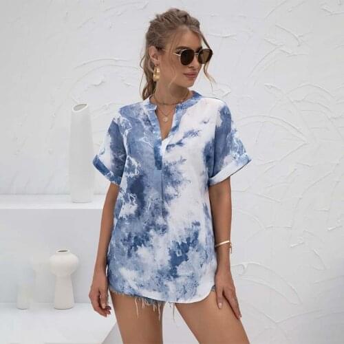 Summer Casual Chiffon Shirts Women Clothes Sexy V-neck Short Sleeve Tie-Dye Tops And Blouses Loose Plus Size Streetwear Blouse