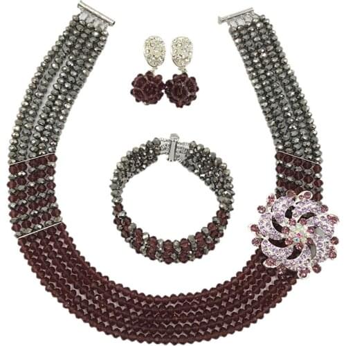 Fashion Silver Dark Purple Crystal Beaded Necklace Nigerian Wedding African Beads Jewelry Set for Women 5L-SXJB25