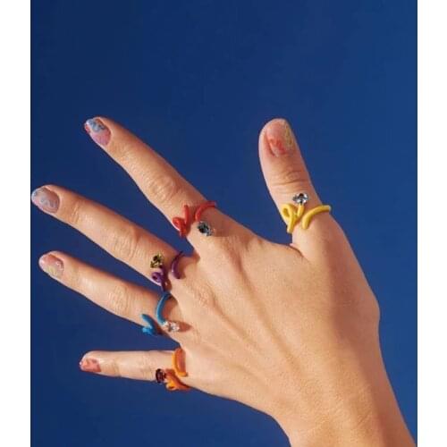 Fashion Ins Colorful Rhinestone Snake Rings Punk Adjustable Animal Rings for Women Girls Summer Beach Jewelry Party Gifts