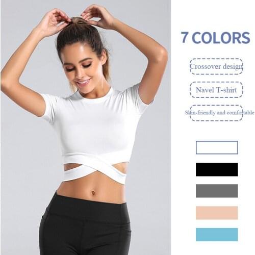 New Quick Drying Yoga Shirts Women Short Sleeve Cropped Gym Tops Slim Cross Fitness Running T-Shirt Naveled Sports Wear 7 Styles