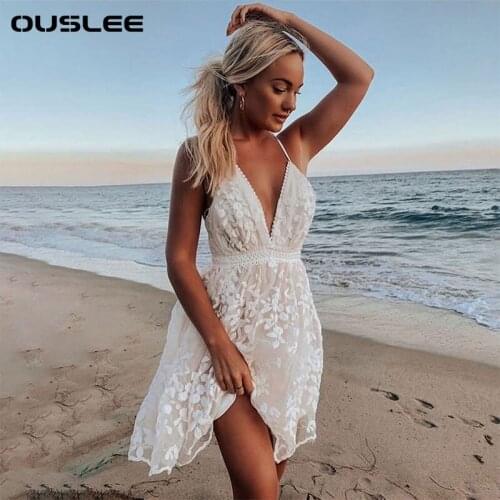 Ouslee Summer Women White Lace Flower Mini Dress Sleeveless Deep V-Neck Backless Bandage Dress Beach Club Sexy Dresses