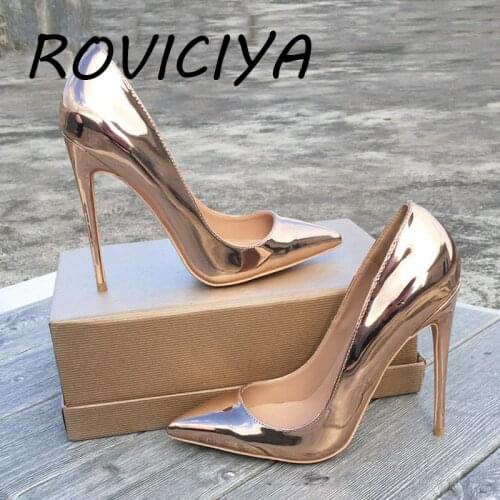 Sexy fashion 12 cm extreme high heels shallow mirror pointed toe metal color champagne gold silver QP029 ROVICIYA