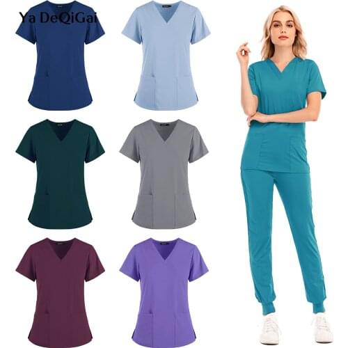 Workwear Nursing Women Scrubs Pants Elastic Wholesale Working Uniform Women Short Sleeve Neck Tops Dental Hospital Scrubs Suits