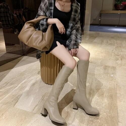 2021 new soft leather thick heel high boots autumn and winter British style high heel knight boots women