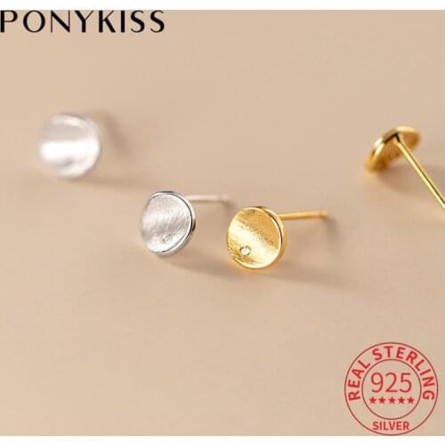 PONYKISS Office S925 Sterling Silver Round Zircon Brushed Stud Earrings Women Party Delicate Jewelry Minimlist Accessories