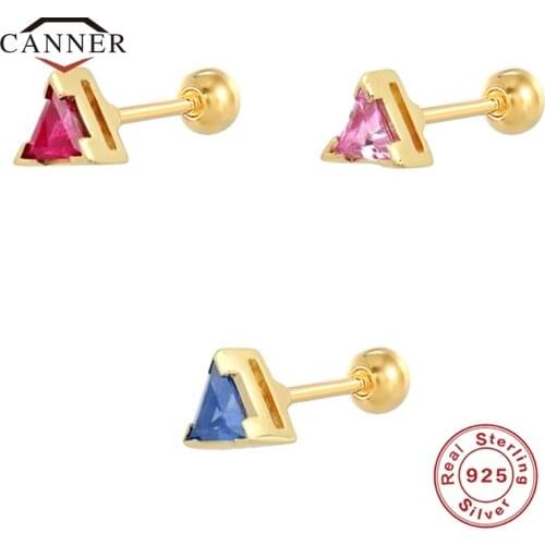 CANNER Real 925 Sterling Silver Creative Triangle Cartilage Stud Earrings for Women Piercing Earring Jewelry Pendientes Kolczyki