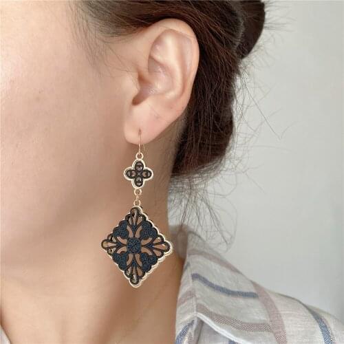 Classic Gold Color Plating Square Flower Hollow Black Decorated Drop Earrings For Women Casual Elegant Anniversary Long Jewelry