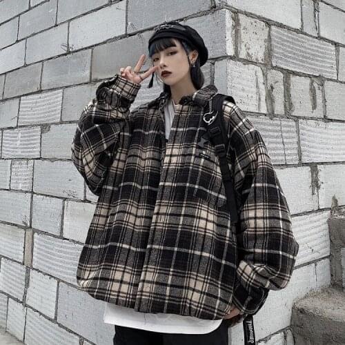 Ins the original SuFeng loose thickening grid quilted jacket bread served cotton-padded jacket oversive mens and womens autumn