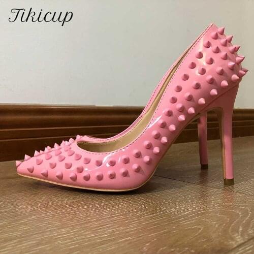 Tikicup Pink Women Punk Spikes Patent Leather Stiletto Pumps Pointed Toe Slip On Sexy High Heels Ladies Party Shoes Size 33-45