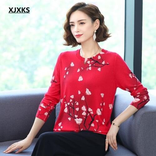 XJXKS Fall 2021 new round neck long sleeve women printed sweater high-end cashmere knitted sweater women pullover