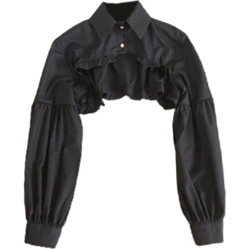 Women Puff Long Sleeve Half Top Blouse Ruffled Edge Golden Button False Collar L93F