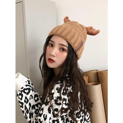 Women Autumn Winter Cashmere Antler Hat Wool Warm Christmas Hat Unisex Knitted Beanie Hat for Kid Adult For Christmas Party