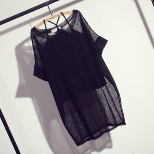 Two-Pieces Knitted Oversized Women T-Shirts Summer New Design 2021 Short-Sleeved Long Solid See Throgh Female Pulls Outwear Tops