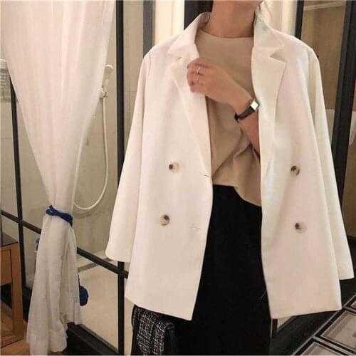 Womens Blazers Notched Collar Long Sleeve Office Lady Jackets Coat 2020 Spring Autumn Korean Loose Work Formal White Black Tops
