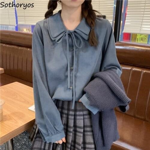 Women Shirts Kawaii Peter Pan Collar Solid Office Lady Korean Style Loose Long Sleeve Blouse Elegant Sweet Fashion Streetwear