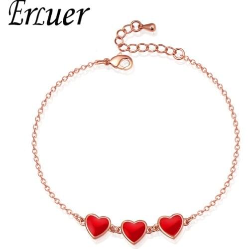 ERLUER charm bracelets for women red enamel heart shaped jewelry Girl Rose Gold Adjustable Bracelet Valentines Day jewellery