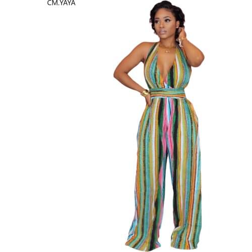 2020 Summer Women Jumpsuits Sleeveless Halter Striped Print Loose Rompers Sexy Night Club Party Elegant One Piece Outfits GL046