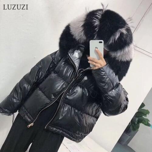 LUZUZI Natural Fox Fur Collar Real Fur Coat 2019 Winter Jacket Women Loose Short Down Coat White Duck Down Jacket Thick Warm