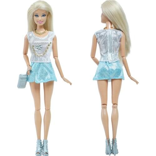 BJDBUS 1 Set Doll Dress Blue Mini Skirt Necklace Handbag Shoes Accessories Clothes for Barbie Doll Baby Kids DIY Dress Up Toys