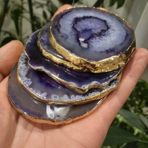 1pcs Natural agate earth grille piece insulated cup cushion stone agate cup cushion with gold-plated lace trim gift