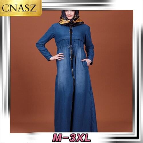 2019 Muslim Abaya Dubai Elegant Fashion New Temperament Hooded Slim Large Pocket Washed Denim Dress Turkey Islamic Dress
