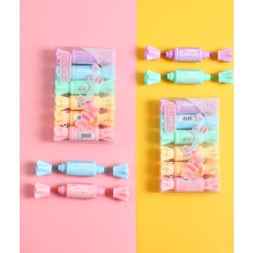 6 set/Lot Mini Candy Color Highlighter Pens Dual side Bold Fine tip Marker Liner highlighting pen Office School supplies F421