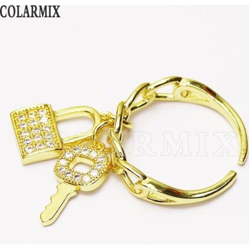 8 Pieces Lock&key Jewelry rings Metal gold color Crystal heart shape stone jewelry rings jewelry accessories 51316