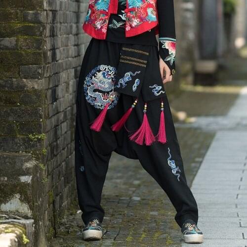 Women National Embroidered Loose Cross-Pants Trousers Ladies Cotton Linen Retro Harem Pants Female 2019 Autumn Spring Pants