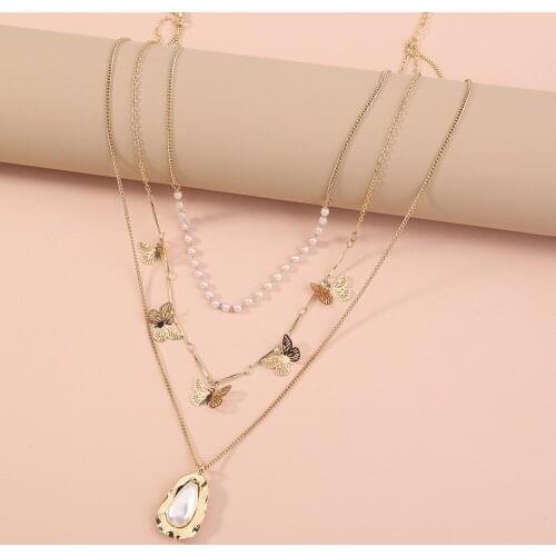 Gothic Gold Neck Chain Pearl Butterfly Stones Statement three Layers Necklace Pendants For Women Jewelry Wholesales Dropship