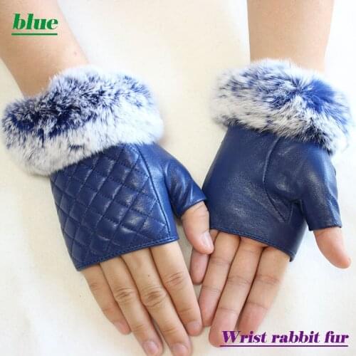 Leather half finger gloves female short rabbit fur style thin rayon lining girls riding womens driving sheepskin gloves