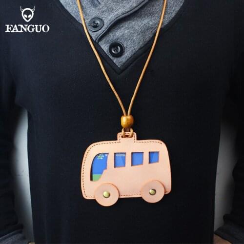 Cute Genuine Leather Unisex ID Credit Bank Card Holder Handmade Students Bus Cards Case Lanyard Cowhide Badge Card Cover