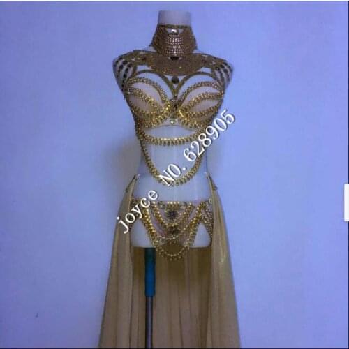 Fashion Stage wear Sexy Sequin Gold Rhinestone Outfit Crystal Design Party Female Singer Nightclub Costume