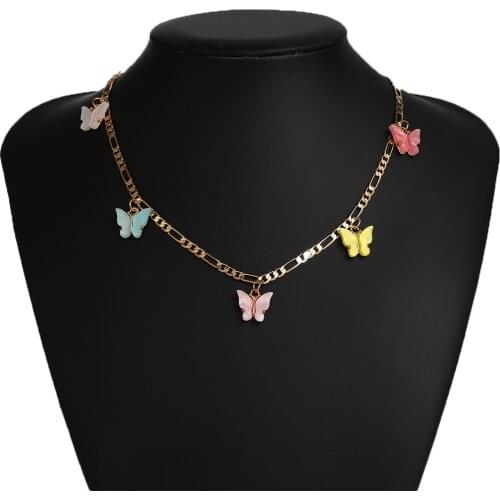 VKME Fashion Figaro Gold Chain Necklace For Women Charm Colorful Butterfly Pendant Choker Womens Neck Chains Necklaces Jewelry